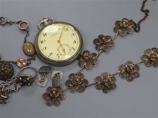 A filligree white metal necklace, and agate set white metal bracelet, a ring, pair of earrings and a Doxa pocket watch.